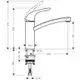 Hansgrohe Küchenarmatur mit einem Hebel, verchromt, in technischer Zeichnung dargestellt. Maße und Anschlussdetails klar erkennbar.